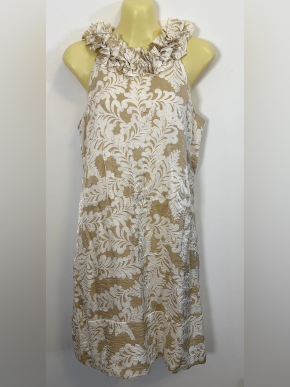 London Times Neutral Floral-Print Sleeveless Dress with Ruffle Neck
